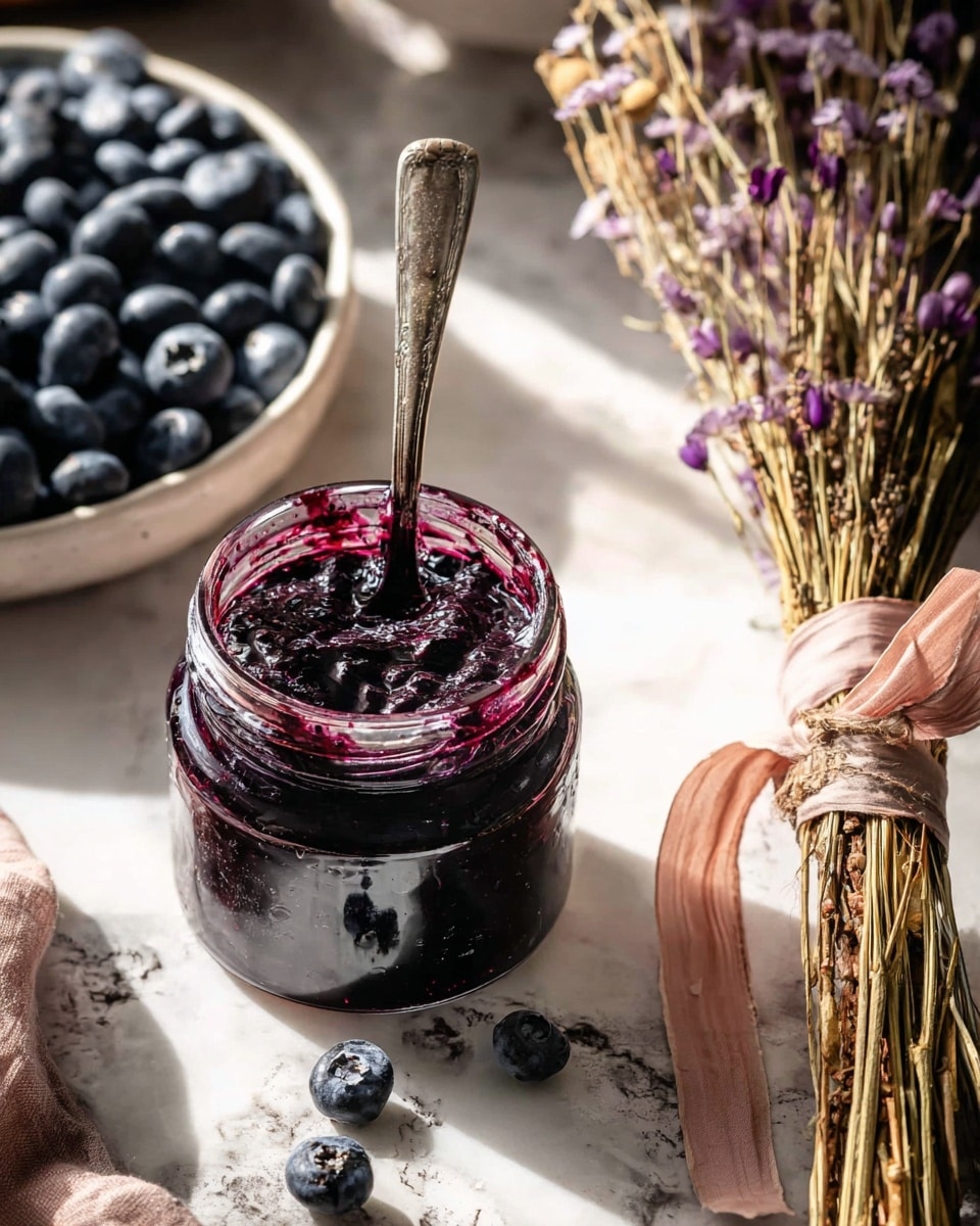 A glass jar filled with dark purple blueberry jam sits open, showing its thick, textured surface with visible whole blueberries inside. A silver spoon stands upright in the jam, covered with the glossy spread. To the left, there is a portion of a white bowl filled with fresh blueberries that are round and deep blue, smooth and shiny. On the right side, a dried flower bundle tied with a dusty pink velvet ribbon lays on a white marbled surface. Two fresh blueberries and a folded piece of pale pink cloth ribbon lie in front of the jar, creating a soft, rustic setting. The scene is lit with natural sunlight creating warm highlights and soft shadows. photo taken with an iphone --ar 4:5 --v 7