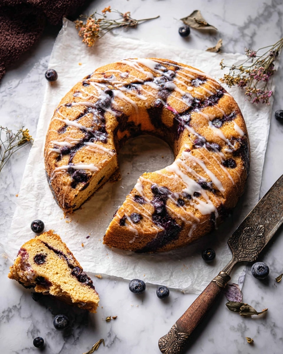 The image shows a round, golden cake with a hole in the center, resembling a bundt cake, placed on white parchment paper over a white marbled surface. The cake has dark brown swirls and patches of blueberries spread throughout, with a drizzle of white glaze lightly covering the top. A single slice is removed and laid next to the cake, revealing a dense, moist texture with visible blueberries inside. Around the cake are a few scattered blueberries and dried flowers, along with a vintage silver cake server and an old knife with a brown handle resting nearby. photo taken with an iphone --ar 4:5 --v 7