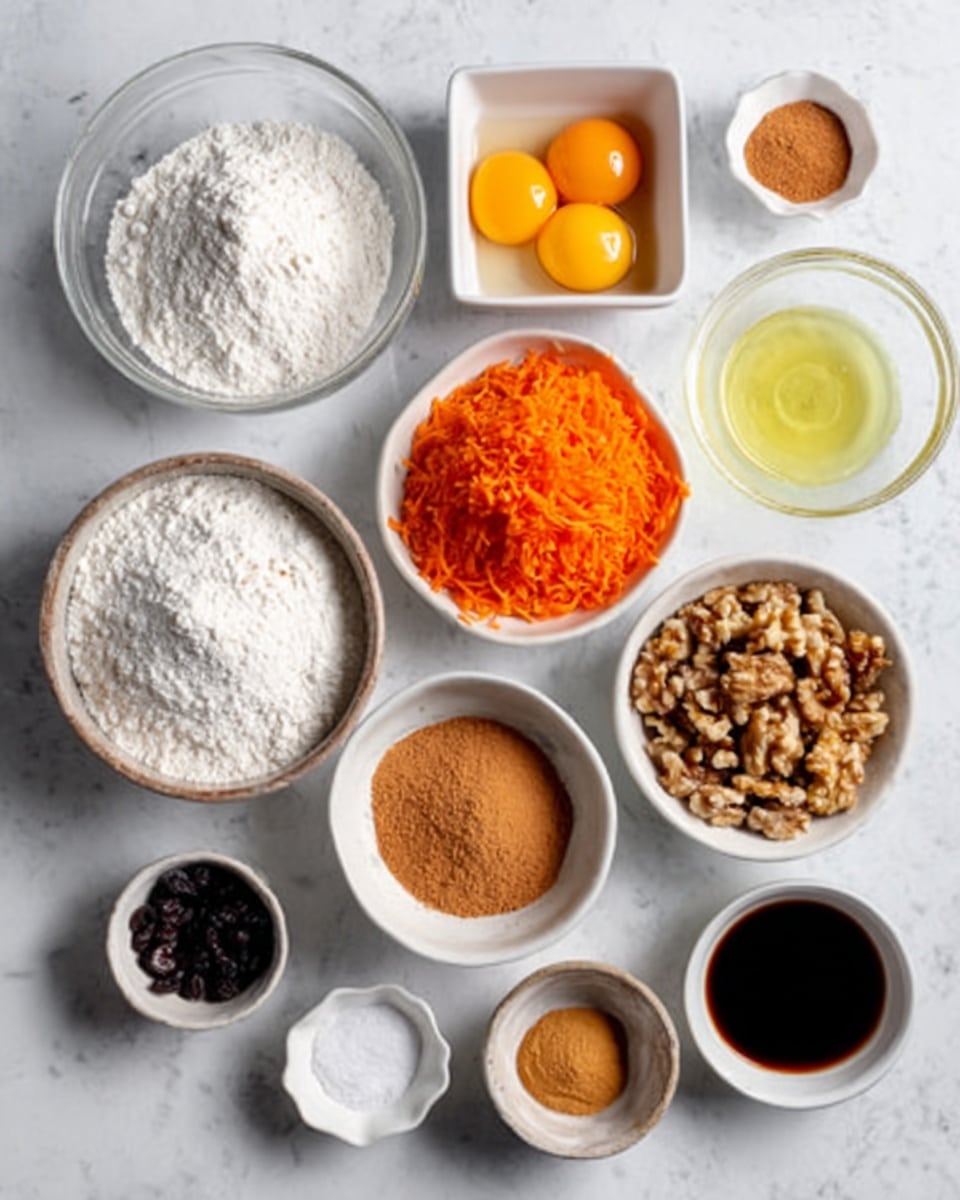 The image shows a top-down view of several white bowls and containers placed on a white marbled surface, each holding different ingredients for baking. There are two egg yolks in one bowl, white flour in another, light brown sugar in a square white dish, bright orange shredded carrots in a round white bowl, chopped walnuts in another round white bowl, white powdered sugar in a round bowl, dark raisins or currants in a small white bowl, a light brown powder (likely cinnamon) in a white bowl, a small white dish with coarse salt, a small bowl with dark liquid (vanilla extract), a small bowl with baking soda, and a small bowl with cooking oil. The woman’s hand is not visible in this image. photo taken with an iphone --ar 4:5 --v 7