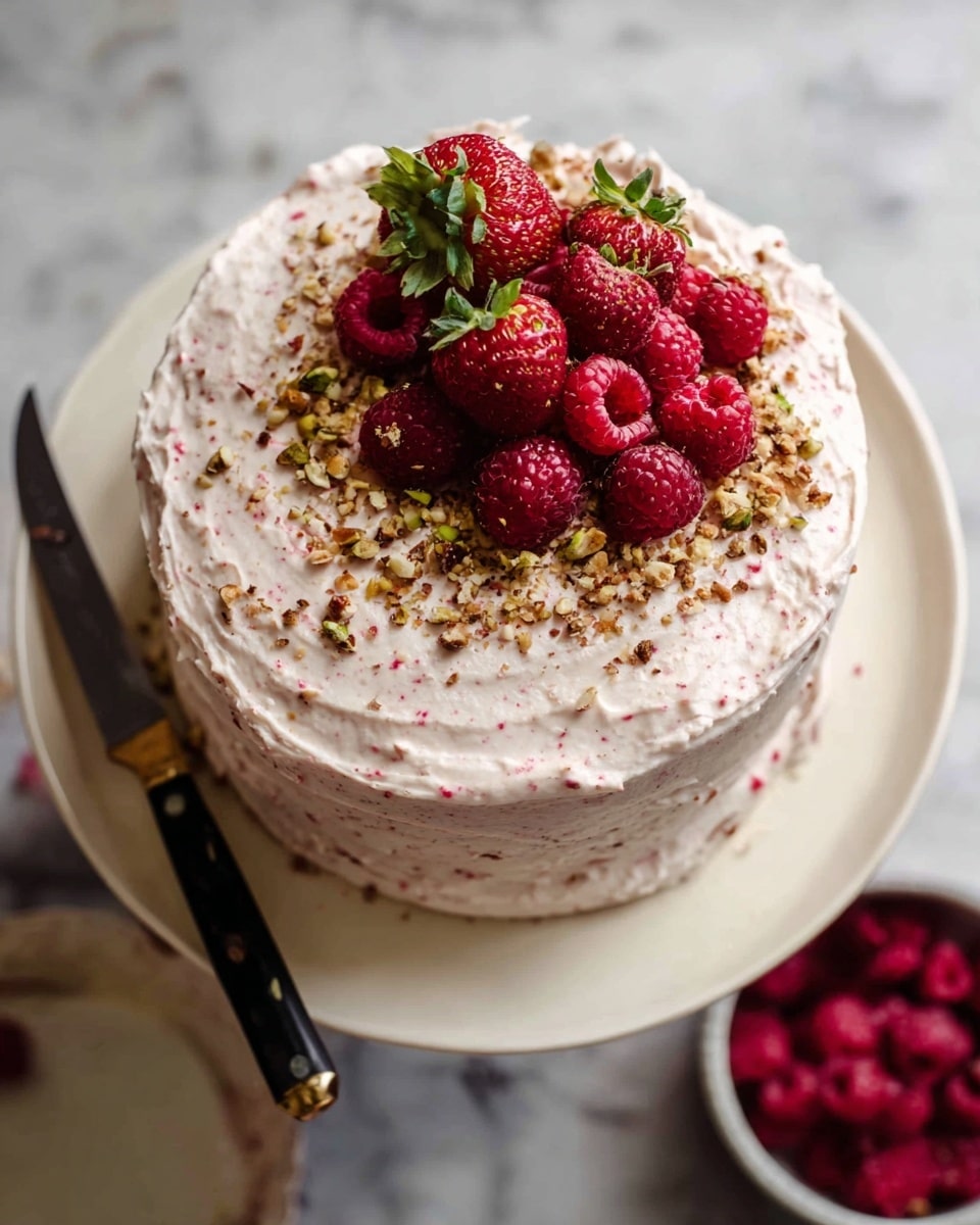 A round cake with one visible layer is covered in light pink cream with small red specks, spread unevenly with swirled texture. On the top left side, there is a cluster of fresh red raspberries with one whole strawberry showing green leaves. The top of the cake is sprinkled with crushed nuts evenly scattered around the berries. The cake is on a white plate, placed on a white marbled surface, with part of a bowl containing more raspberries visible below. A knife with a black and gold handle lies above the cake. photo taken with an iphone --ar 4:5 --v 7