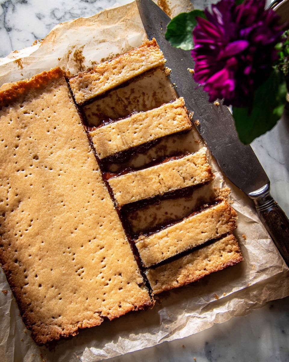 The image shows a rectangular baked bar with two layers: the top layer is a light golden, crumbly crust with small holes dotted evenly across its surface, and the bottom layer is a dark, sticky filling peeking out from the edges. The bar is cut into long, thin rectangular slices, with one slice slightly pulled away from the rest. The baked bar rests on light brown parchment paper placed on a white marbled surface. In the top right corner, there is a deep purple flower and green leaves. A large knife rests on the right side of the parchment paper. The photo is taken with an iphone --ar 4:5 --v 7