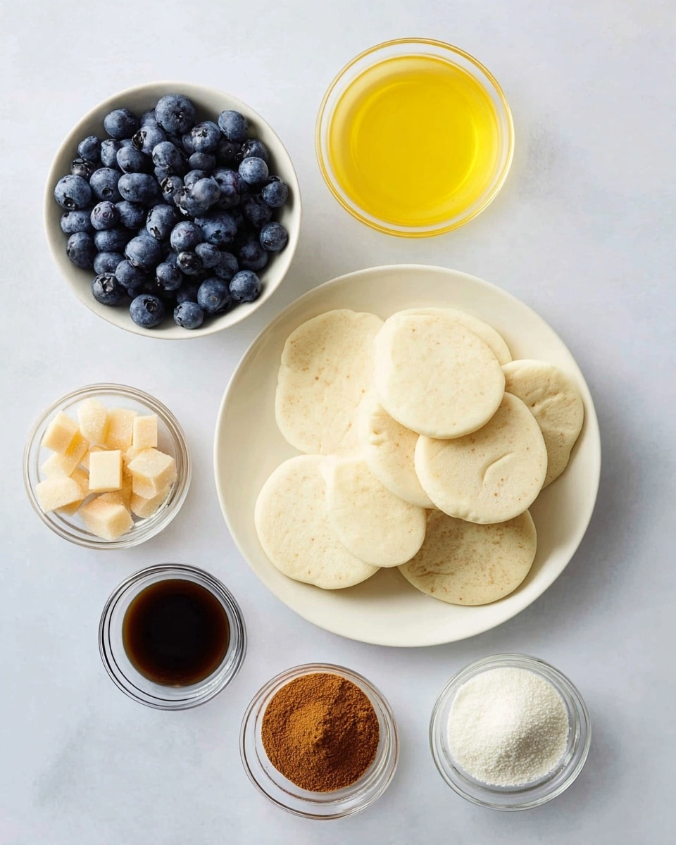 A white round plate filled with two layers of round, pale dough discs stacked unevenly, placed on a white marbled surface. Surrounding the plate, there are five small white bowls and two clear glass bowls. One white bowl is filled with fresh blueberries, showing a rich blue color and round shape. Another white bowl holds a yellow liquid, likely melted butter or oil. A third white bowl contains light brown packed sugar pieces. The fourth white bowl has white granulated sugar. The two clear glass bowls contain a small amount of dark brown vanilla extract and a pile of brown cinnamon powder. The whole setup is neatly arranged with bright, natural lighting and soft shadows. Photo taken with an iphone --ar 4:5 --v 7