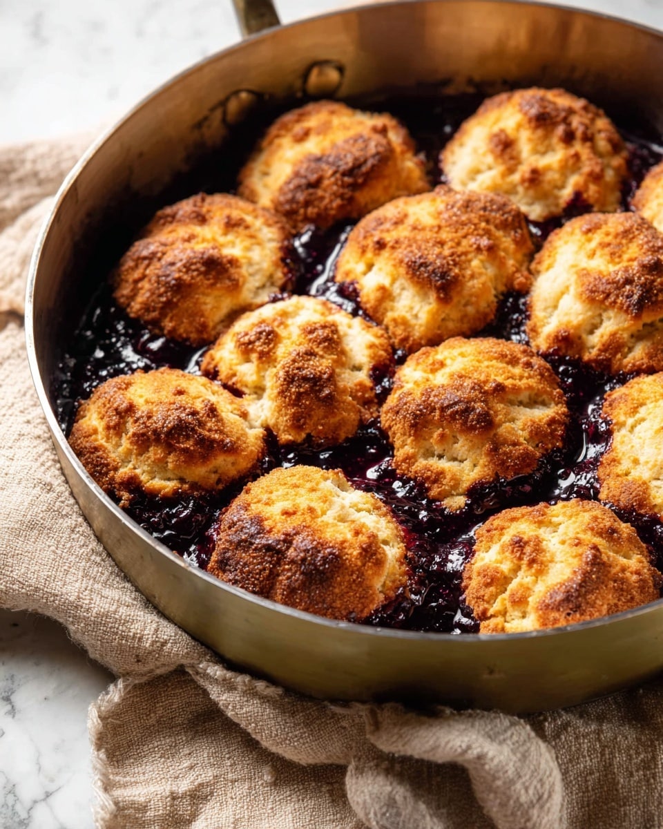 A round metal pan filled with multiple golden brown baked biscuits arranged closely in a circle, each biscuit having a crispy textured surface with darker browned spots; underneath the biscuits is a thick layer of dark purple, glossy berry filling that peeks through the gaps between them, creating a strong contrast with the warm biscuit tops, all placed on a soft beige cloth with a white marbled surface in the background photo taken with an iphone --ar 4:5 --v 7