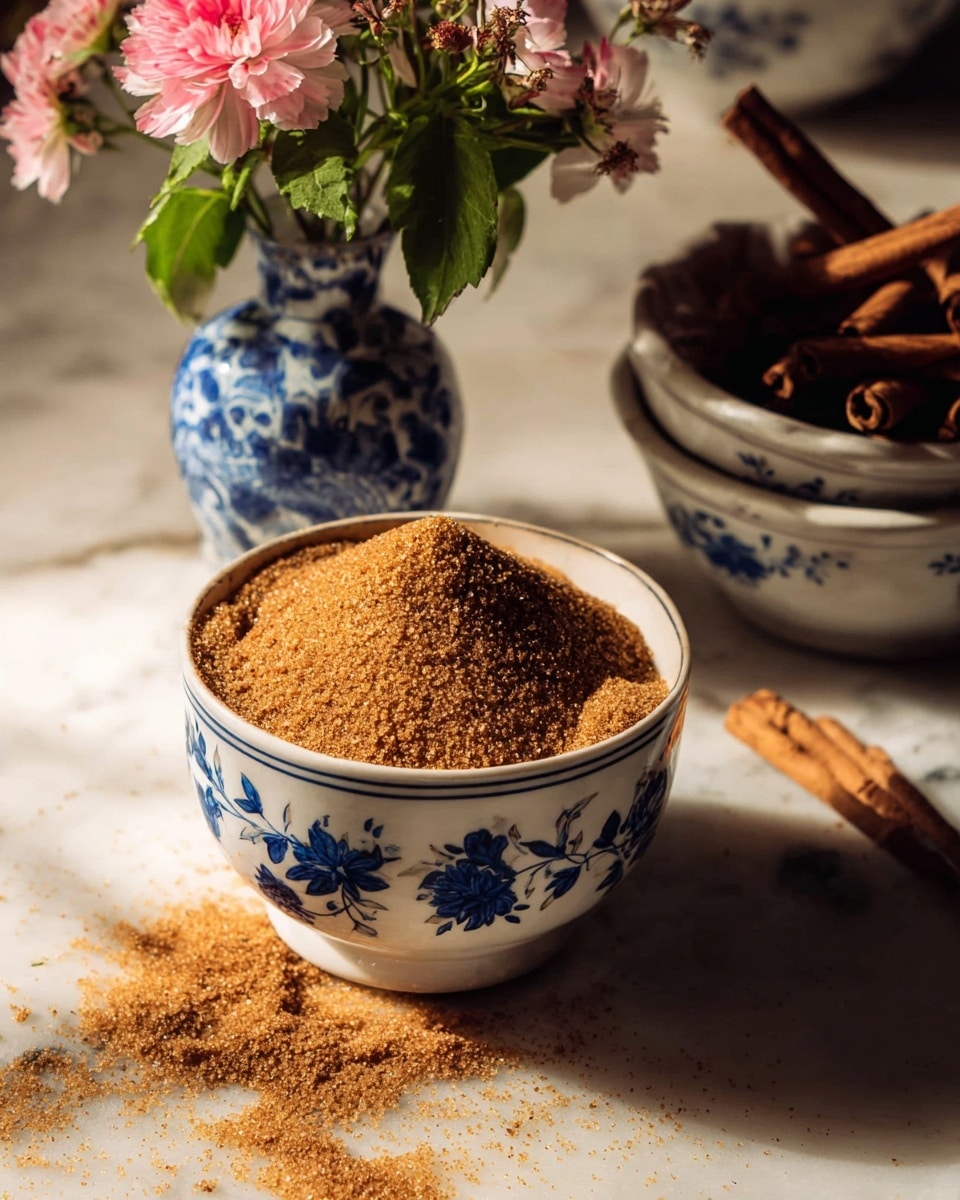 The image shows a white bowl with blue floral patterns filled with brown sugar that is spilling over the edge to the white marbled surface below. Behind the bowl, there is a small blue and white vase holding fresh pink flowers and green leaves. To the right, part of another white bowl with blue patterns is seen, filled with cinnamon sticks. The lighting creates a warm and cozy atmosphere with light shadows. photo taken with an iphone --ar 4:5 --v 7