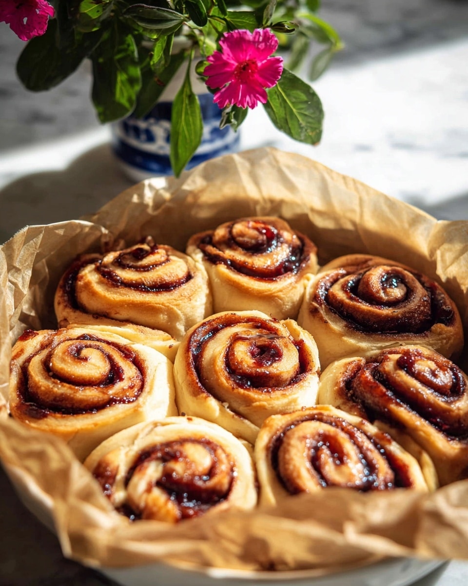 A close-up view of a white round dish lined with brown parchment paper, filled with eleven raw cinnamon rolls arranged in a circular pattern. Each roll has a light golden dough with dark brown swirls of cinnamon filling spiraled tightly from the center to the edges. The rolls have a slightly shiny surface, showing the sticky cinnamon inside. In the background, there is a green leafy plant with pink flowers in a blue and white vase, placed on a white marbled surface with soft light and shadow contrasts. photo taken with an iphone --ar 4:5 --v 7