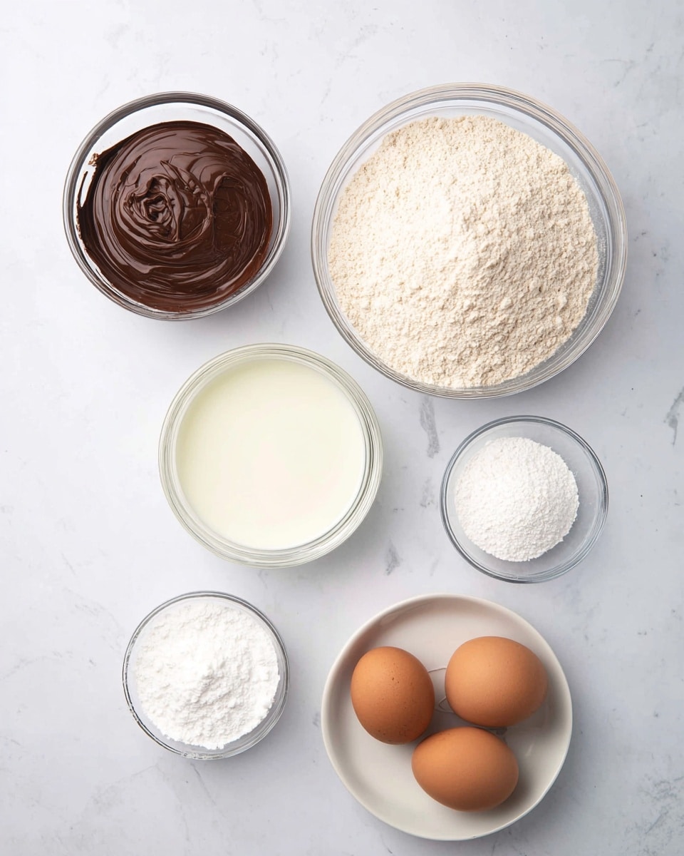 The image shows six baking ingredients arranged on a white marbled surface. At the top left, there is a clear bowl filled with smooth, melted chocolate in a rich dark brown color. To the right of the chocolate, there is a clear bowl full of light beige flour with a slightly rough texture. Below the chocolate, there is a small clear glass containing a creamy white liquid, possibly milk or cream. Slightly to its right, there is a small clear glass bowl with white powder, likely baking soda or baking powder. Below these, there is a small white bowl filled with a white powdery substance, probably sugar or salt, and next to it on the right, a white plate with two whole brown eggs. The eggs are smooth and positioned side by side. The overall color scheme includes white, beige, brown, and clear glass. photo taken with an iphone --ar 4:5 --v 7