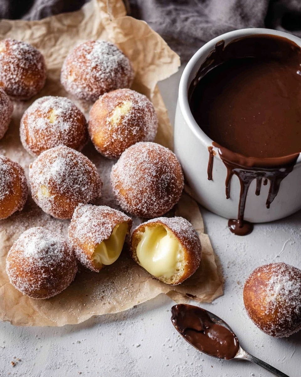 The image shows round fried dough balls covered with sugar, some filled with a pale yellow cream that slightly oozes out, arranged on parchment paper over a white marbled surface. To the right, there is a white pot filled with thick dark brown chocolate sauce, with some dripping down its side, and a spoon near the front holding a small amount of chocolate. The dough balls have a textured, slightly crispy outer layer, and the setting has a cozy and inviting feel. Photo taken with an iphone --ar 4:5 --v 7