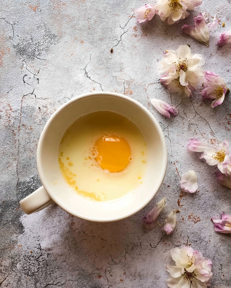 A white cup filled with a raw egg, showing one bright yellow yolk in the center surrounded by clear egg white, placed on a scratched, gray surface with a white marbled texture. Around the cup, there are soft pink and white flowers scattered, adding a delicate touch to the scene. photo taken with an iphone --ar 4:5 --v 7