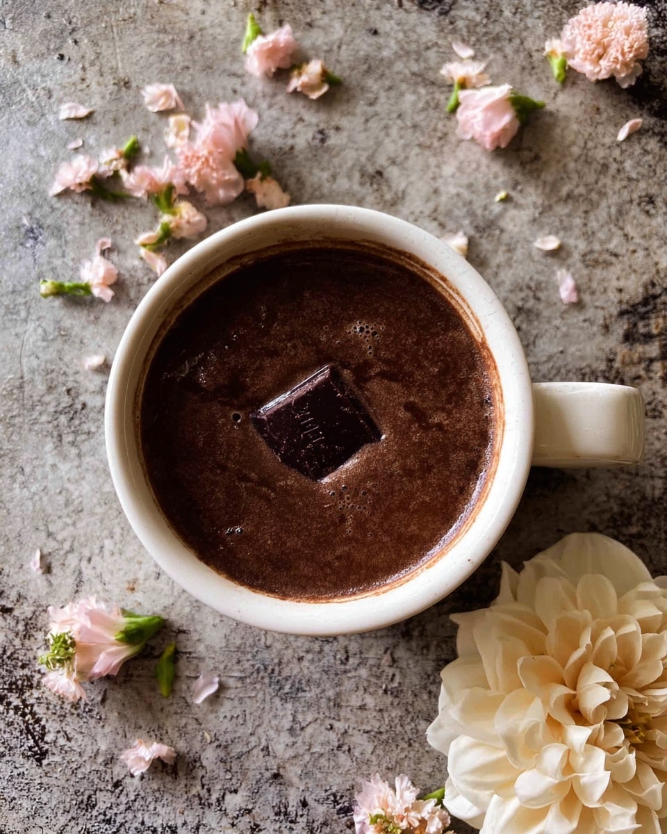 A white cup filled with dark brown thick chocolate drink showing a small square piece of chocolate melting in the middle on the top layer. The cup is placed on a scratched and worn gray surface scattered with several light pink and cream small flowers and a large cream-colored flower near the cup handle. The scene is bright and rustic. photo taken with an iphone --ar 4:5 --v 7