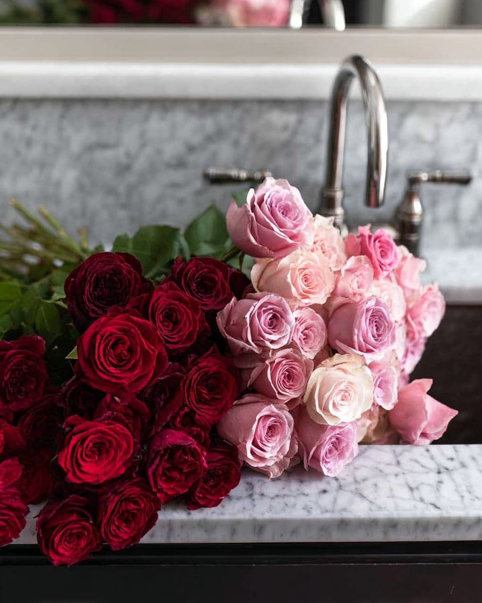 There is a large bunch of roses placed on a dark surface in front of a white marbled sink. The roses are grouped into two main colors: the left side shows many deep red roses with green leaves peeking out, and the right side has soft pink roses that look slightly lighter and more open. The arrangement is full, showing layers of petals with smooth, velvety textures. The background shows the marbled sink with a silver faucet above. photo taken with an iphone --ar 4:5 --v 7