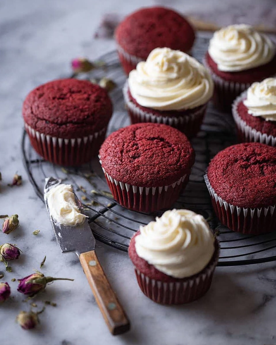 The image shows a group of red velvet cupcakes arranged on a round black wire rack, placed on a white marbled surface. There are seven cupcakes in total, each with a deep red, moist texture. Three of them have a swirl of creamy white frosting on top, while the others are plain. In the foreground, there is a butter knife with a wooden handle lying flat, topped with a dollop of white frosting. Scattered around the cupcakes and the knife are some dried small rosebuds, adding a natural touch. The overall scene is softly lit, highlighting the rich red of the cupcakes and the creamy gloss of the frosting. photo taken with an iphone --ar 4:5 --v 7