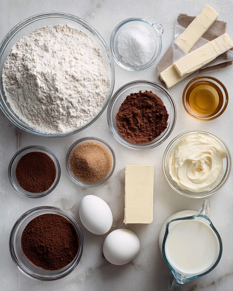 A top-down view of several ingredients arranged neatly on a white marbled surface. On the left, a large bowl filled with white flour sits next to a small glass bowl containing a white powder. Below them are smaller glass bowls holding dark brown cocoa powder and a medium brown granulated ingredient. In the center, a clear glass bowl is filled with light brown sugar. To the right side, two white eggs sit next to a glass bowl of thick white cream and a small glass cup with golden liquid. A clear glass measuring cup filled with white milk is placed near the bottom right. Two sticks of butter wrapped in paper lie near the flour bowl. The lighting is soft and even, highlighting the textures and colors clearly. Photo taken with an iphone --ar 4:5 --v 7