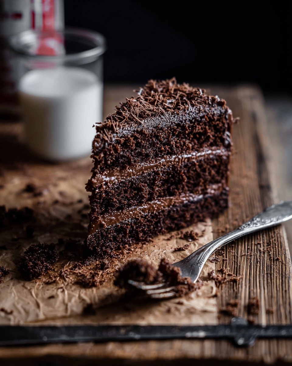 A slice of chocolate cake with three dark brown layers is shown on a rustic wooden surface. Each layer is separated by a thin line of lighter chocolate cream, and the top layer is covered with grated chocolate shavings. Crumbs are scattered around the cake slice and on a silver fork lying nearby. In the background, a glass of milk is slightly out of focus. The scene uses a dark, moody lighting contrasted with the wooden surface and the rich texture of the cake. photo taken with an iphone --ar 4:5 --v 7