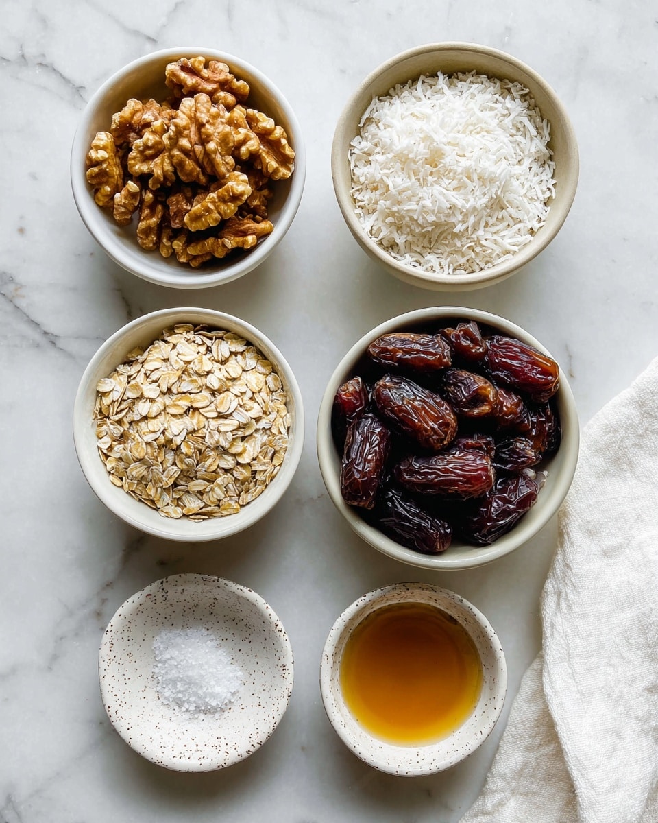 The image shows six small white bowls arranged on a white marbled surface. The top left bowl holds golden brown walnut halves with a rough texture. To the right, a bowl is filled with dark brown, shiny dates, tightly packed. Below the walnuts, a bowl contains pale beige rolled oats, flat and layered inside. Next to the oats, a bowl holds fine white shredded coconut, soft and fluffy in appearance. At the bottom left, a small white speckled plate contains a small pile of coarse white salt crystals. Finally, a small bowl at the bottom right has a light amber liquid, smooth and slightly glossy. A white cloth is partially visible on the right side. Photo taken with an iphone --ar 4:5 --v 7