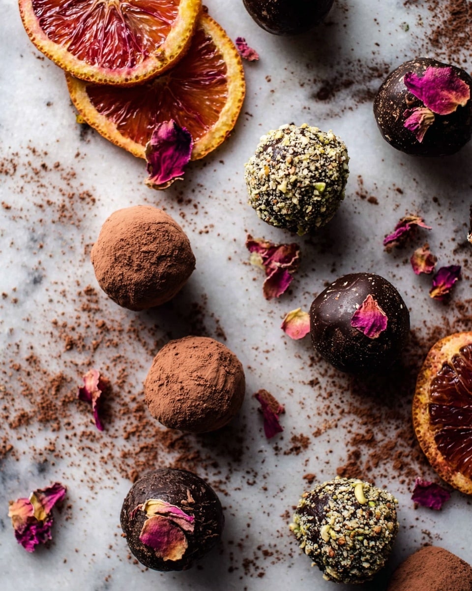 The image shows several round chocolate balls arranged scattered on a white marbled textured surface. There are about ten chocolate balls with a mix of smooth, powdery cocoa, and seeds coated textures; some are topped with dried pink rose petals while others have crunchy seeds or cocoa powder sprinkled on top. Two orange-red blood orange slices appear on the left side of the image. Small pieces of flower petals and cocoa powder are scattered around, adding color and detail to the scene. Photo taken with an iphone --ar 4:5 --v 7