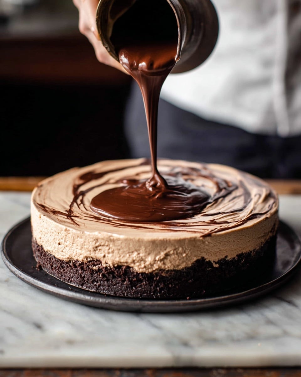 A round chocolate cake with two visible layers sits on a dark plate on a white marbled surface, the bottom layer is a dark crumbly crust, and the top layer is a smooth, light brown chocolate cream with soft swirls on it. A dark, shiny chocolate sauce is being poured from a jug onto the center of the cake, forming a glossy small pool that contrasts with the creamy texture underneath. The background is slightly blurred, showing a person in a white shirt and dark pants. photo taken with an iphone --ar 4:5 --v 7