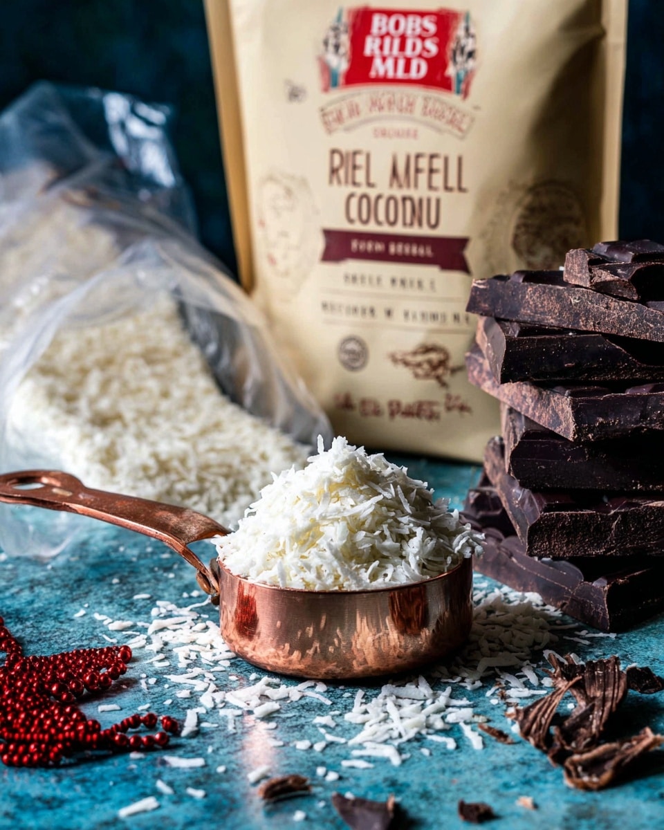 The image shows a copper measuring cup filled with white coconut flakes piled high, placed center on a textured blue surface. Around the cup, more white coconut flakes are scattered. Behind it, on the right, there are several thick blocks of dark chocolate stacked in an uneven pile. In the background, a beige bag labeled