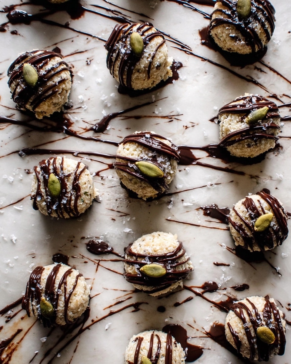 There are 18 round treats arranged loosely on a flat surface with a white marbled texture visible near the edges. Each treat has two layers: the base is light beige and crumbly with a rough texture, topped with a drizzle of dark brown chocolate that forms thin lines across the top and around the sides. Some treats have small green pumpkin seeds and coarse salt flakes on top. There are random splashes and streaks of chocolate sauce scattered around the treats on the surface, contributing to a messy artistic look. Photo taken with an iphone --ar 4:5 --v 7