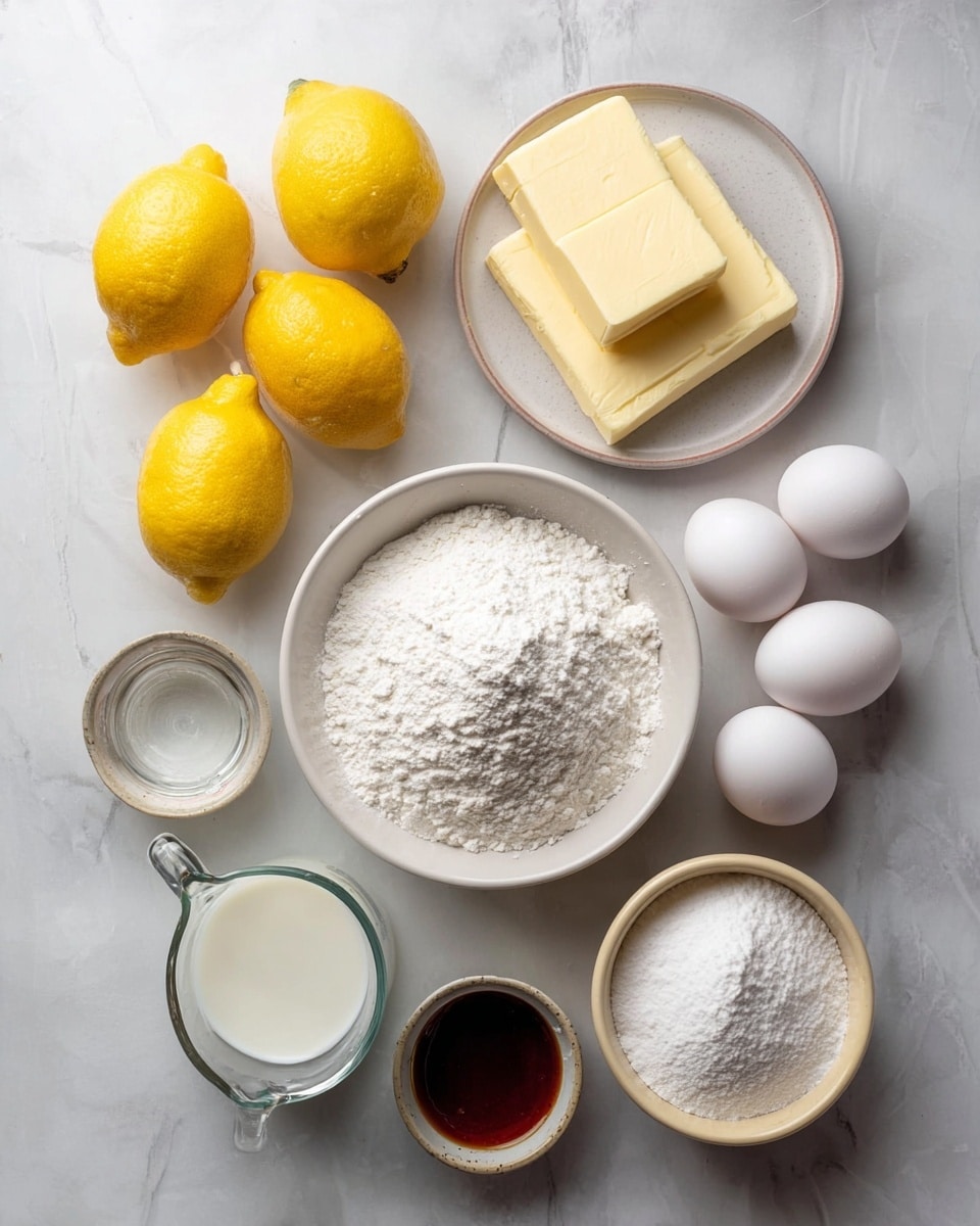 The image shows various baking ingredients arranged neatly on a white marbled surface. There are four whole bright yellow lemons and five white eggs scattered among the ingredients. A large white bowl filled with white granulated sugar is at the center, and next to it is another large white bowl filled with white flour. A small plate holds two rectangular slabs of pale yellow butter. There is a clear glass measuring cup filled with milk near the bottom, with a small glass cup of clear liquid nearby. A small, shallow beige bowl contains white baking powder or baking soda, while a tiny beige cup holds a dark brown vanilla extract. The ingredients are evenly spaced and viewed from above with soft natural light. Photo taken with an iphone --ar 4:5 --v 7