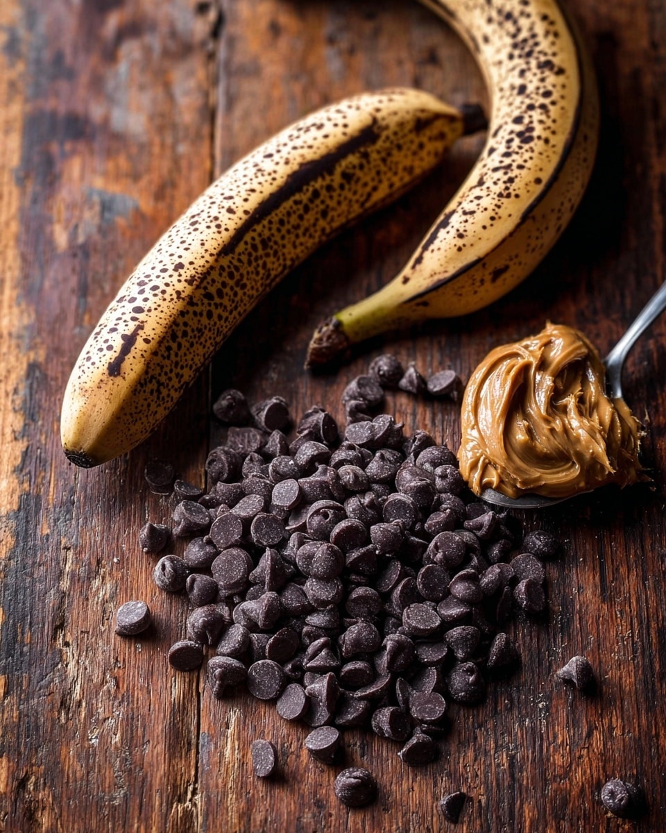 The image shows a close-up of three main ingredients laid out on a rustic wooden surface: two dark-spotted ripe bananas positioned on the left side, a small pile of dark brown chocolate chips spread in the center and toward the right, and a spoon filled with light brown peanut butter resting in the upper center background. The bananas have speckled textures with smooth, soft skins, the chocolate chips have a shiny and firm appearance with a smooth matte finish, and the peanut butter is creamy and swirled with a slightly glossy texture. The whole scene has warm, natural lighting highlighting each element clearly. Photo taken with an iphone --ar 4:5 --v 7