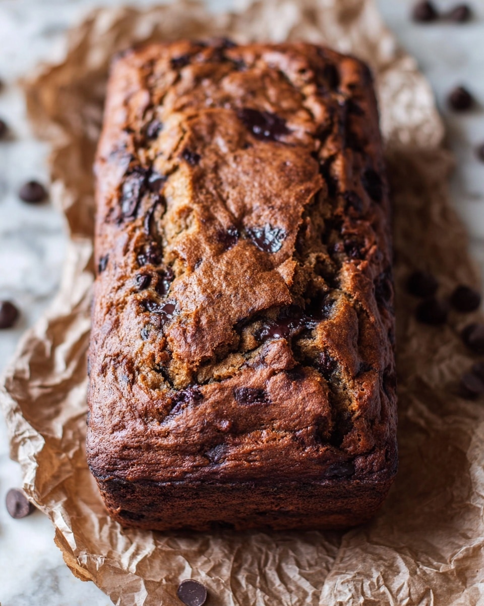 A close-up view of a rectangular loaf with a dark golden-brown crust, showing a rough, uneven texture with visible cracks and chocolate chunks embedded in the surface. The top looks slightly wrinkled with darker spots where the chocolate has melted and pooled. The loaf is placed on crumpled light brown parchment paper, with some chocolate chips scattered in the background. The setting is on a white marbled textured surface. Photo taken with an iphone --ar 4:5 --v 7