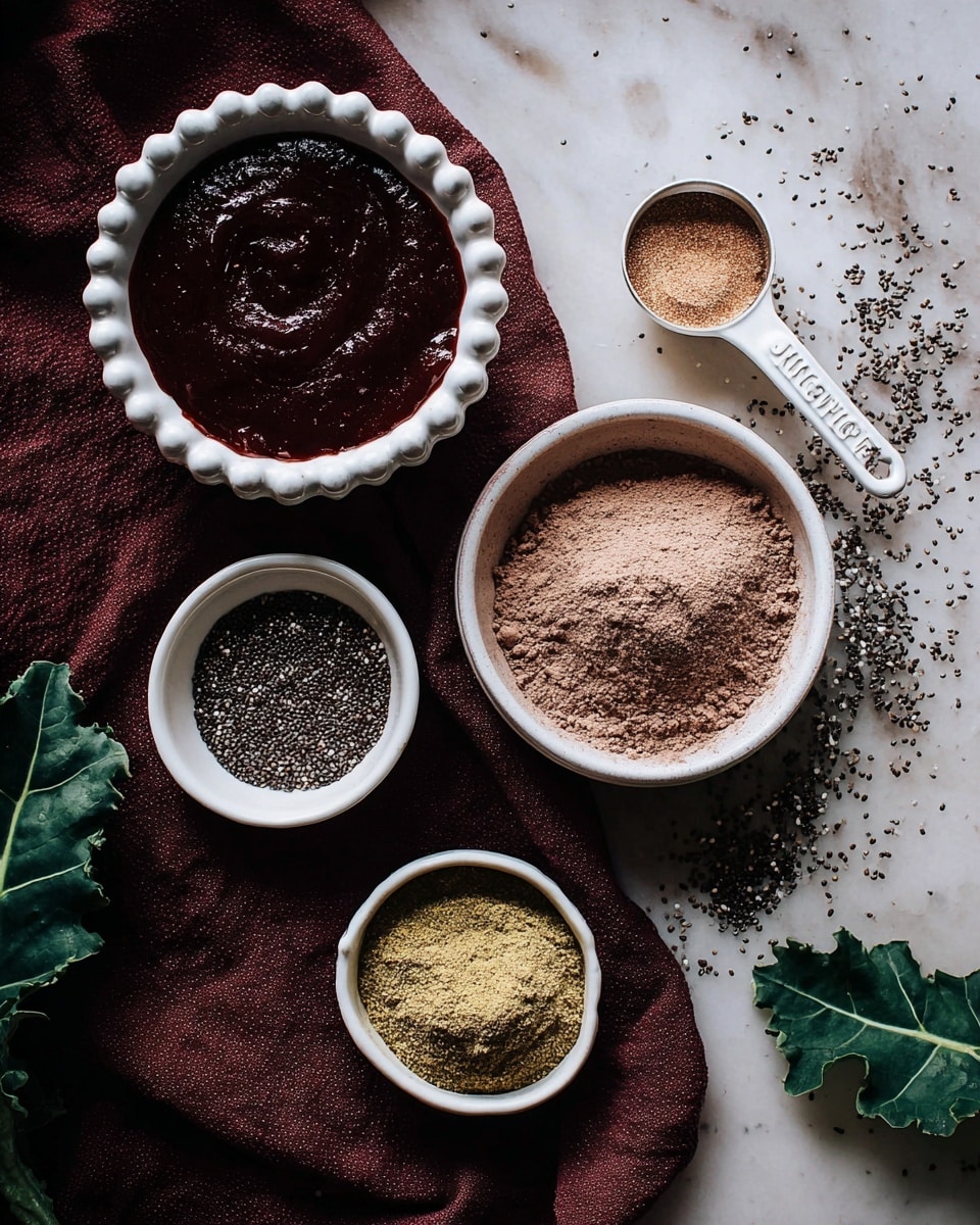 This image shows six white bowls and measuring cups on a dark reddish cloth with some green leaves at the corners, all placed on a white marbled surface. The top left bowl is white with a beaded edge and filled with a thick, dark red sauce. To its right is a small white measuring cup with light brown powder. Below this, a larger white bowl holds a heap of fine, light brown powder. To the right and slightly down is a small white bowl with a yellowish-green powder. The bottom left white bowl contains small dark chia seeds. Scattered chia seeds and powders are sprinkled around the bowls. Photo taken with an iphone --ar 4:5 --v 7
