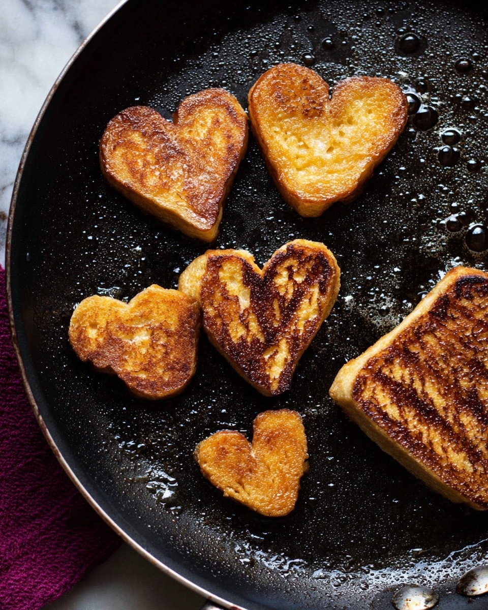 In a black frying pan, there are five pieces of fried food shaped like hearts. Two larger hearts show a crispy, golden-brown texture with some darker brown edges, and they have a slightly shiny surface from cooking oil. Below them, there are two smaller hearts, also golden brown with a grilled look and some toasted marks. On the right side of the pan, part of a bigger piece is visible with a rich brown area and clear grill lines. The pan surface appears oily with bubbles and light spotting around the food. The whole scene is on a white marbled texture visible on the edges under the black pan. Photo taken with an iphone --ar 4:5 --v 7