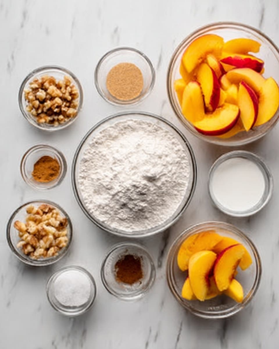 The image shows a white marbled table with several clear glass bowls arranged neatly. One large bowl contains sliced yellow peaches with red edges on the right side. In the center is a bigger bowl filled with white flour. Surrounding it are smaller bowls containing white sugar, brown sugar, granular nuts, white liquid, and small amounts of spices with one look like cinnamon and nutmeg. The colors range from white, light brown, and yellow to orange with a clean, simple, and organized look. Photo taken with an iphone --ar 4:5 --v 7