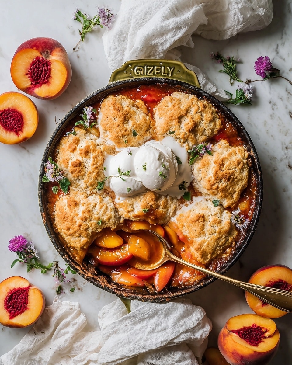 In the image, a round cast iron skillet sits on a white marbled surface, filled with a peach cobbler dessert. The dish has three main layers: a thick, golden brown biscuit topping that looks soft and slightly crispy in spots, a rich peach filling beneath the biscuits with visible peach slices soaked in syrup, and a dollop of white cream melting over part of the cobbler near the center. The skillet handle is visible at the top with the brand name