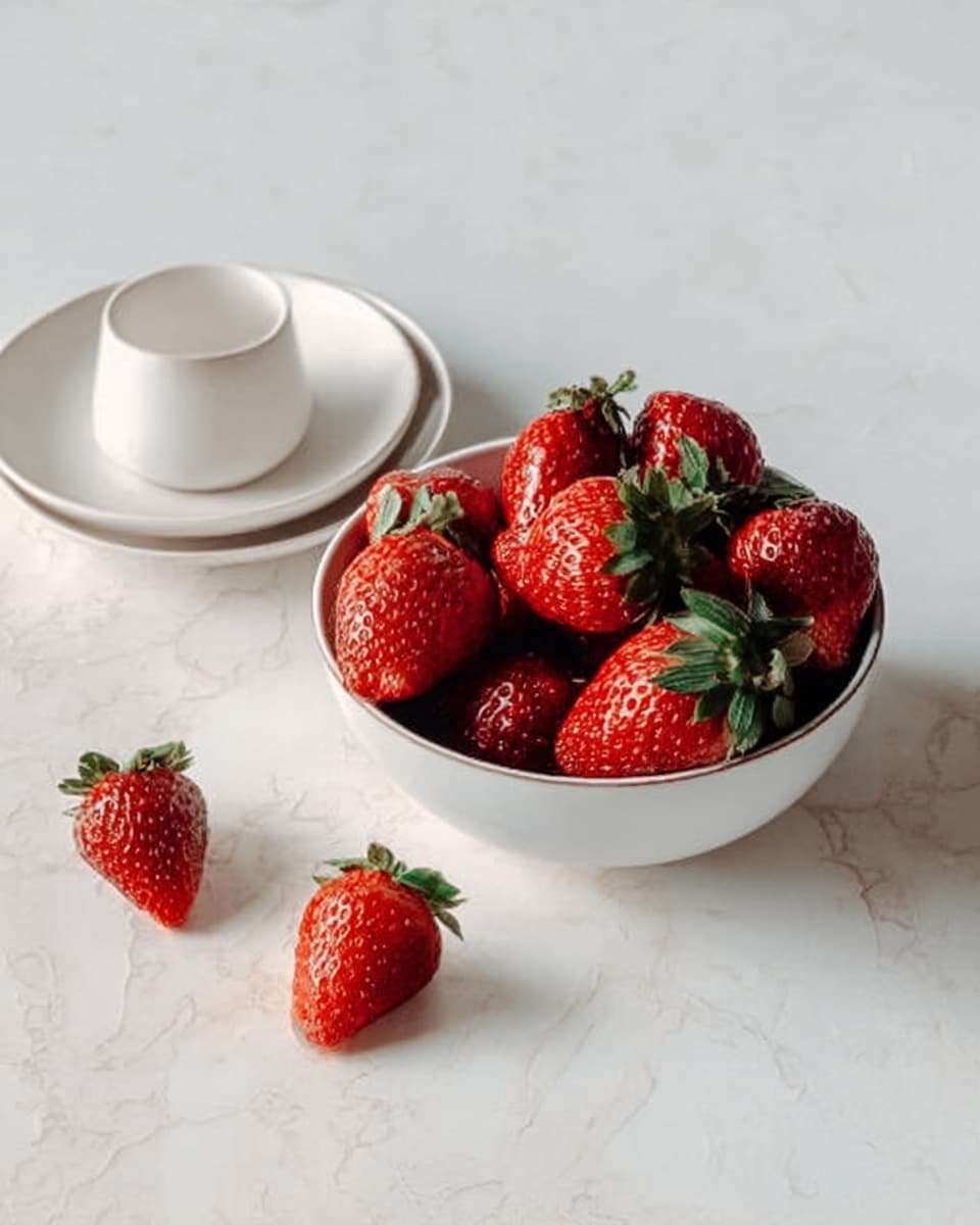A white bowl filled with fresh red strawberries with green leaves, placed on a white marbled surface. Next to the strawberry bowl, there is a white cup and a small white plate arranged neatly. The colors are bright and natural, highlighting the freshness of the strawberries. The scene is simple and clean with soft lighting. photo taken with an iphone --ar 4:5 --v 7