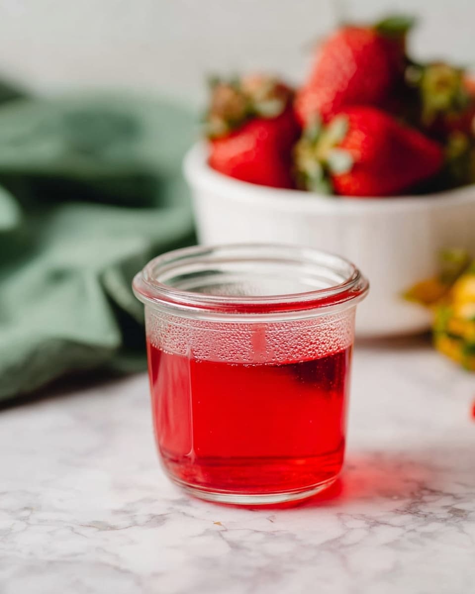 A small clear glass jar filled nearly to the top with bright red liquid, showing condensation on the outside, placed on a white marbled surface. In the soft-focus background, there is a white bowl filled with fresh red strawberries with green leaves, and some yellow fruit can be seen beyond the strawberries. A green cloth or napkin is draped gently in the background to the left. Photo taken with an iphone --ar 4:5 --v 7