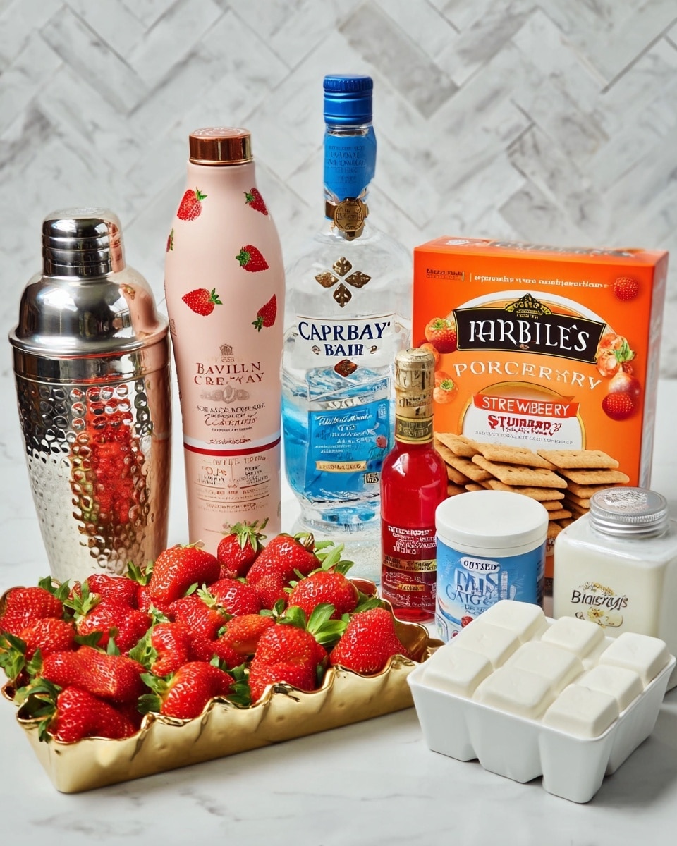 The image shows a collection of drink and snack items arranged on a white marbled surface. At the front, a gold-colored shallow tray is filled with fresh red strawberries with green leaves, arranged in one layer. Behind it to the left, there is a silver metallic cocktail shaker with a shiny and textured surface. Next to it is a tall pink bottle labeled