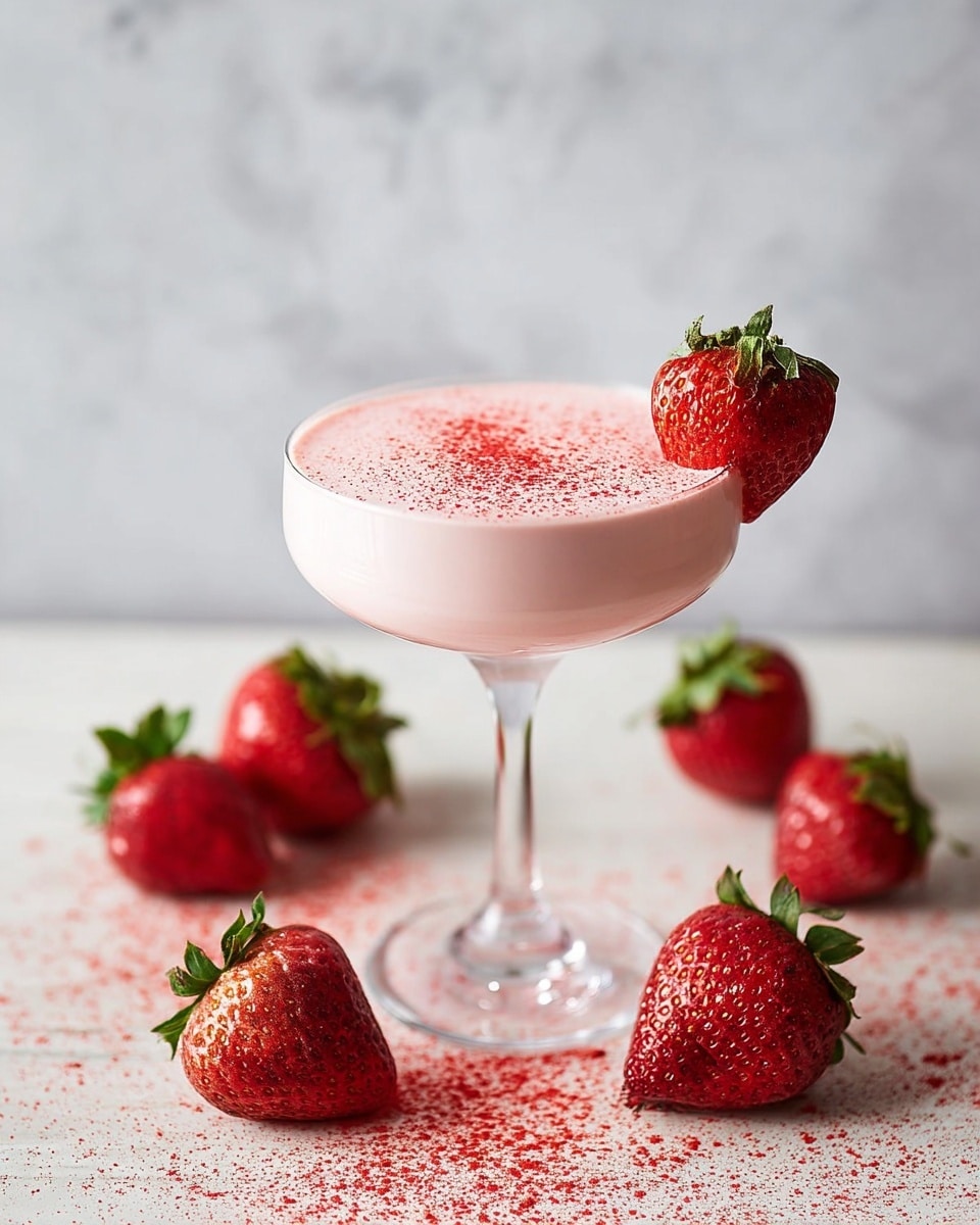 A clear glass stemmed coupe holds a single layer of smooth, pale pink creamy strawberry mousse topped with a light sprinkle of fine red powder and garnished with a whole fresh bright red strawberry with green leaves, sitting on the edge of the glass. The coupe is placed on a white marbled surface scattered with fine red powder, surrounded by five whole fresh strawberries with bright red skin and green leaves, adding a fresh and natural look. The background is softly blurred with a light gray wall texture. Photo taken with an iphone --ar 4:5 --v 7