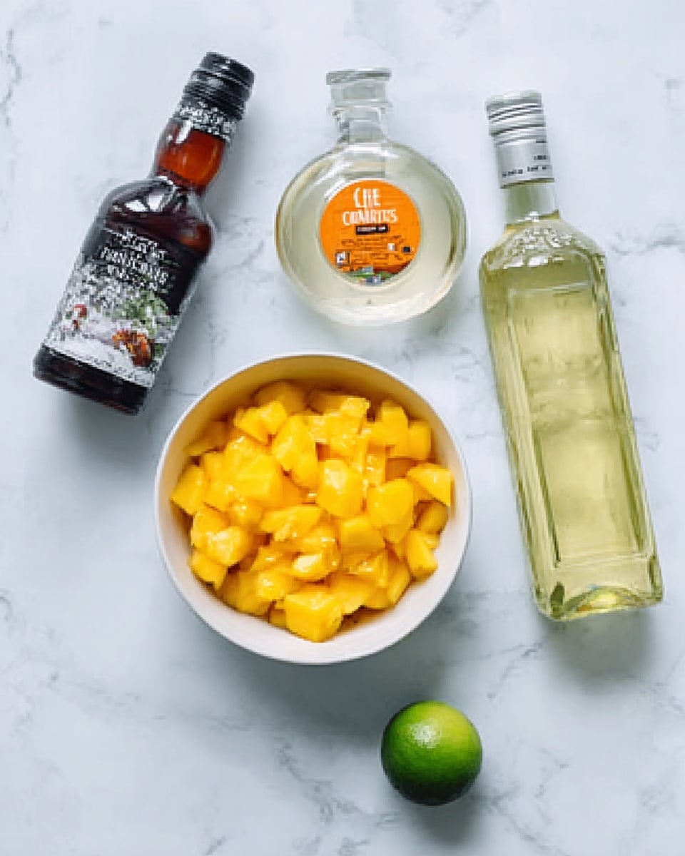 The image shows a white bowl filled with small yellow mango pieces placed on a white marbled surface. Around the bowl, there are four bottles: a tall clear bottle with light yellow liquid on the right, a round clear bottle with a light-colored liquid and an orange label at the bottom center, a dark brown bottle on the left, and a small green lime placed near the lower right corner. The scene is bright and clean, with all items spaced evenly. Photo taken with an iphone --ar 4:5 --v 7