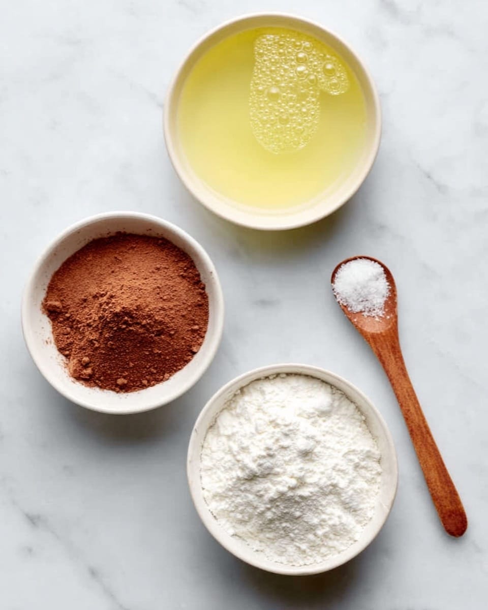 The image shows three white bowls and a wooden spoon on a white marbled surface. The top right bowl holds a light yellow liquid with bubbles. The bottom left bowl contains a reddish-brown powder, while the bottom center bowl is filled with a white powder. The wooden spoon, placed to the right of the bowls, has a small white powder portion on it. Photo taken with an iphone --ar 4:5 --v 7