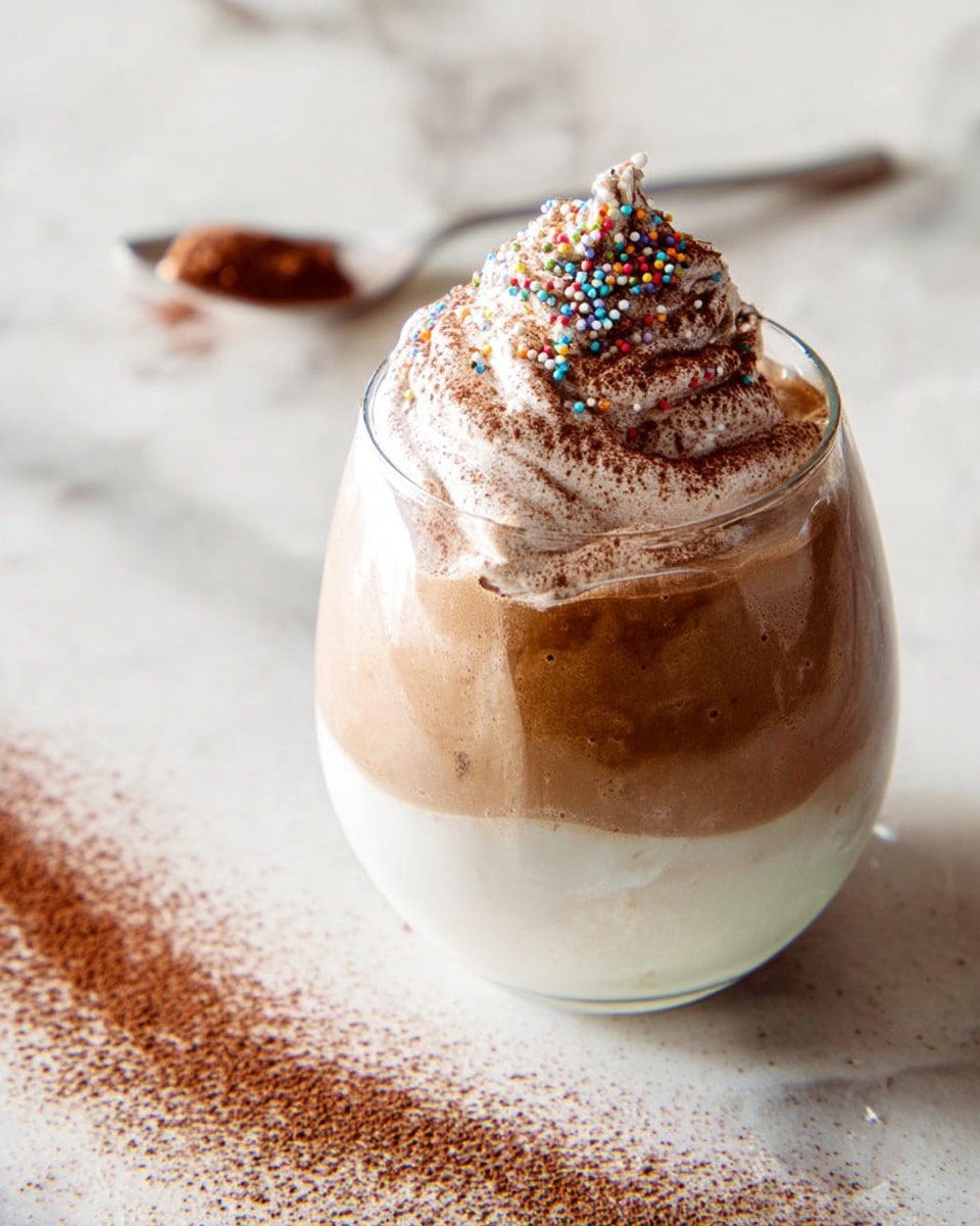 A clear round glass holds a layered drink with three parts: the bottom layer is white and smooth, the middle layer is light brown and creamy, topped with a fluffy swirl of whipped cream stained with chocolate powder sprinkled with small round colorful sprinkles; in the background, a silver spoon with brown powder rests on a white marbled surface with a diagonal dusting of cocoa powder leading toward the glass. Photo taken with an iphone --ar 4:5 --v 7
