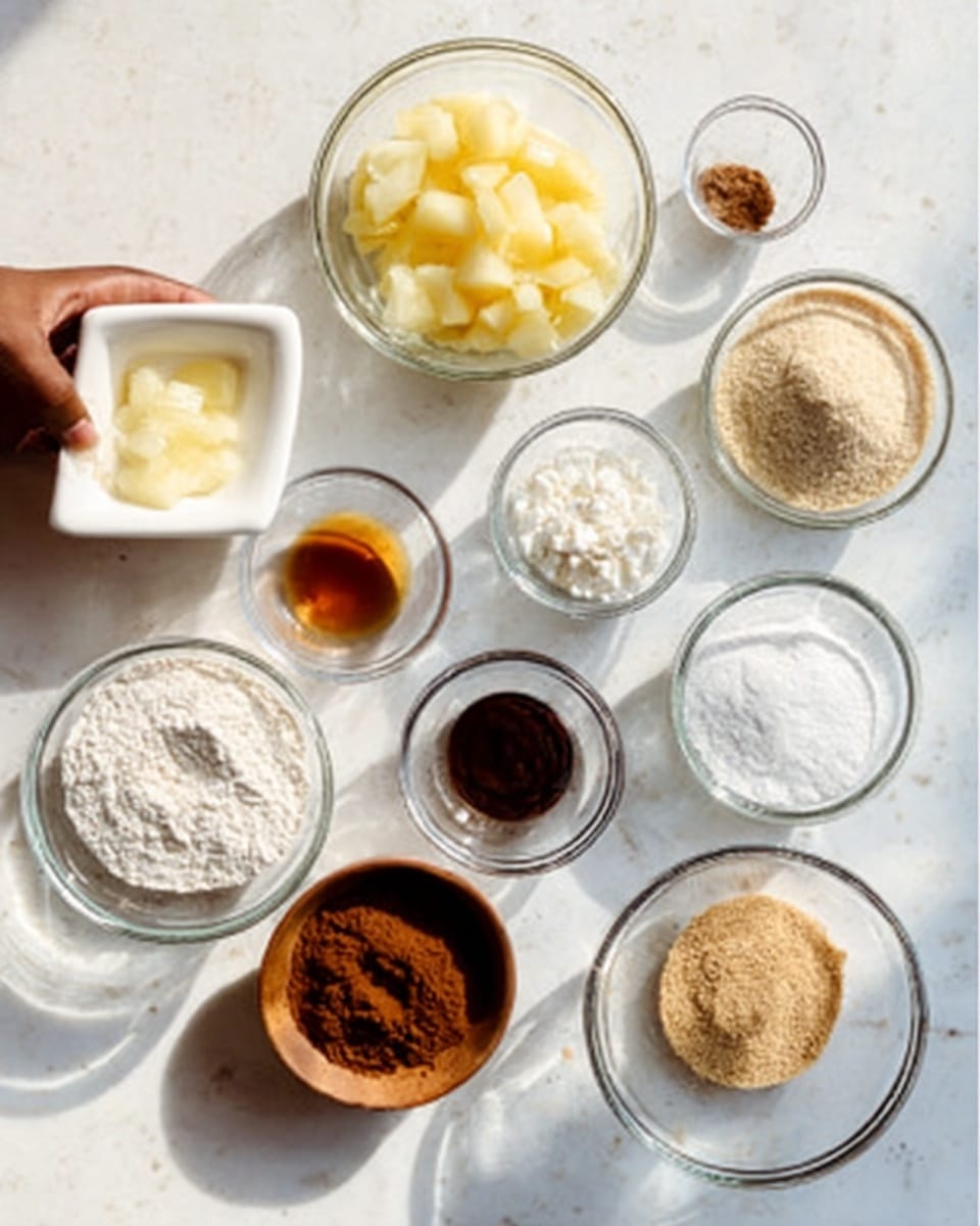 There is a white marbled surface with nine small clear glass bowls arranged in a loose circle. Each bowl contains a different ingredient: diced pieces of pale yellow fruit, light brown crumbly powder, white fine flour, dark brown fine powder, light brown liquid syrup, clear thick white powder, white coarse salt, small light brown vanilla bean paste in a wooden bowl, and a beige powder in a tiny clear bowl. A woman's hand holding a white square dish is visible at the top left corner. The lighting is bright and natural. Photo taken with an iphone --ar 4:5 --v 7