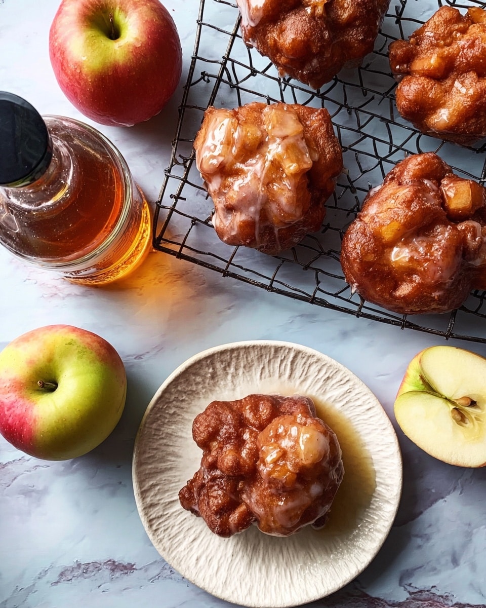The image shows a glazed apple fritter on a white textured plate placed on a white marbled surface. The fritter is golden brown with a shiny sugar glaze and has an irregular, rounded shape with some chunky pieces visible inside. Above the plate is a black cooling rack holding three more apple fritters, similarly golden and glazed with irregular shapes. Around the fritters, there are three whole apples with red and yellow hues and one apple cut in half showing the pale flesh and seeds. To the left of the rack, there is a clear glass syrup bottle with a black cap, filled with amber-colored syrup. Photo taken with an iphone --ar 4:5 --v 7