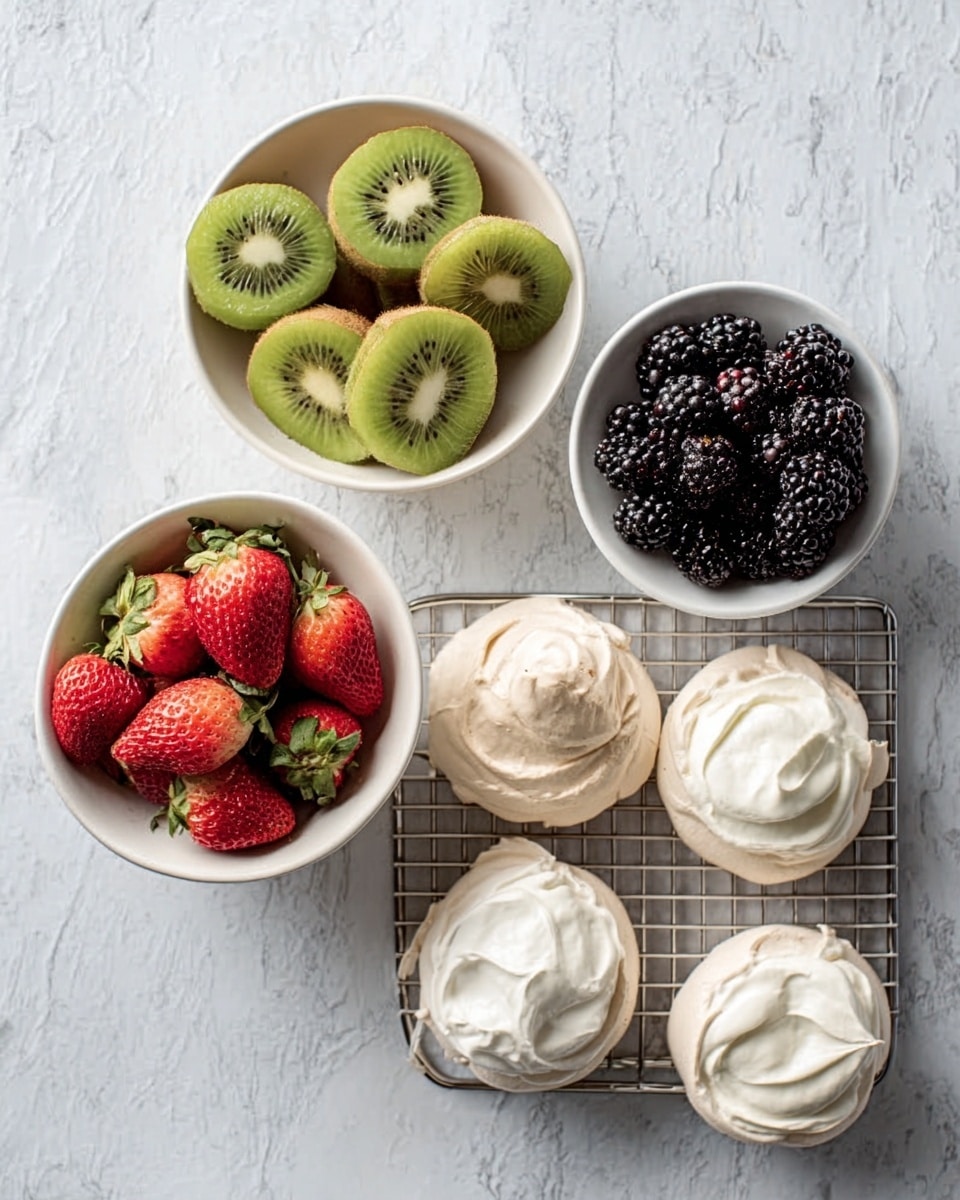 The image shows a white marbled surface with a small white bowl of fresh strawberries on the bottom left, a round white bowl of whole and halved kiwis on the top left, and a smaller white bowl filled with blackberries on the top right. On the bottom right, a cooling rack holds five small round meringue nests, all topped with soft white cream. The colors are bright and fresh, with red, green, black, and cream standing out clearly. Photo taken with an iphone --ar 4:5 --v 7
