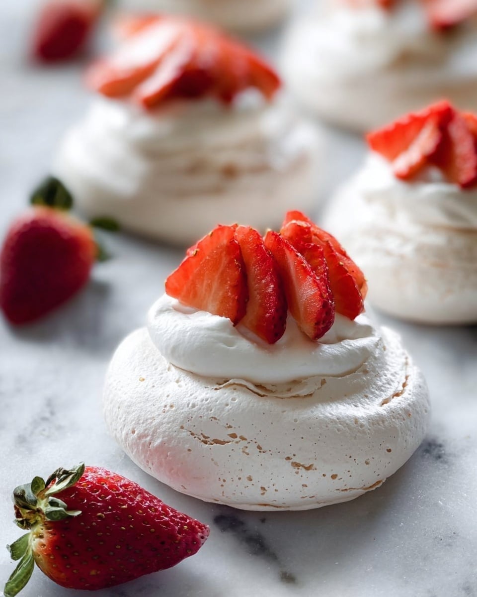 The image shows close-up of round white meringue nests placed on a white marbled surface. Each meringue has a crisp, smooth, and slightly cracked outer layer with a hollow center filled with soft white whipped cream. On top of the whipped cream, there are thin slices of bright red strawberries arranged in a fan-like pattern. Some whole strawberries are scattered around the meringues, adding more color and freshness to the scene. photo taken with an iphone --ar 4:5 --v 7