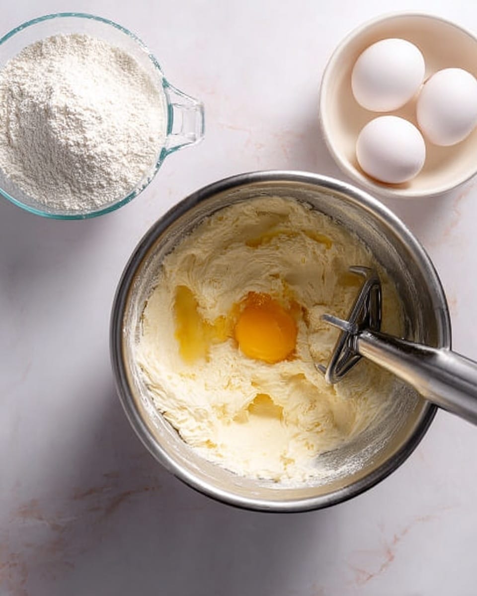 A stainless steel mixing bowl sits in the center on a white marbled surface, filled with creamy, pale batter with one bright yellow egg yolk partially mixed in the middle. The bowl's interior shows the texture of soft, whipped batter with a silver mixing paddle resting inside. To the left, there is a clear glass measuring cup filled with white flour, and to the right, a white bowl holds three whole white eggs. The scene is bright and clean with soft light enhancing the smooth textures. Photo taken with an iphone --ar 4:5 --v 7