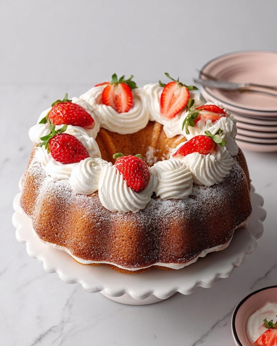 A round bundt-shaped cake with two visible light brown layers separated by white cream. The top layer has puffy swirls of white cream evenly spaced around the ring, each topped with halved strawberries showing bright red flesh and green leaves. A light dusting of powdered sugar covers the cake surface. The cake sits on a white scalloped cake stand placed on a white marbled surface. To the right, there is a stack of plain white plates with dark rims. Photo taken with an iphone --ar 4:5 --v 7