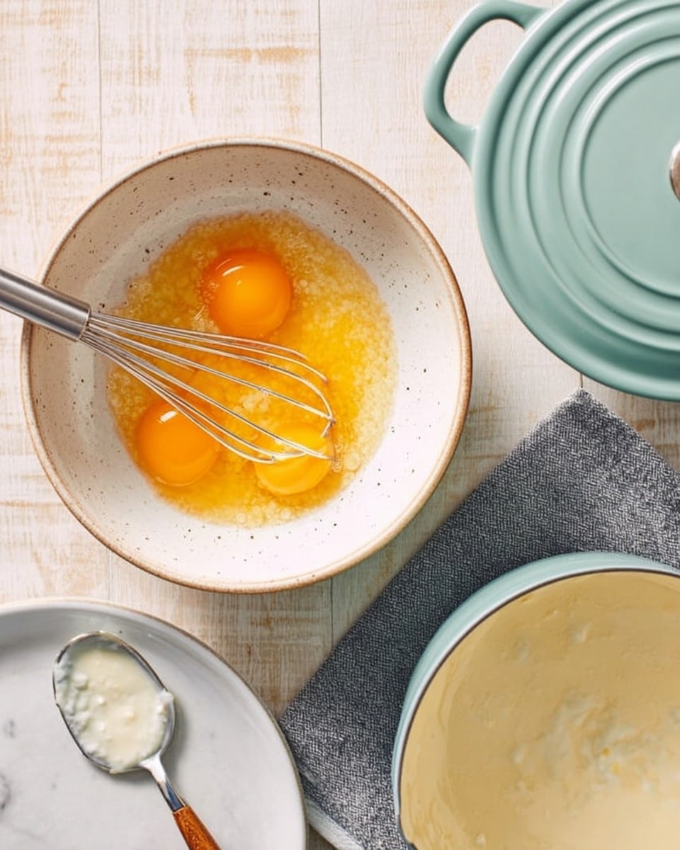 A white speckled bowl holds two cracked eggs with bright orange yolks and some white liquid being whisked by a metal whisk placed inside the bowl. To the left, a white plate has a spoon resting on it with some white creamy substance. On the right side, there is a light blue pot with a lid on a gray cloth napkin, all placed on a white marbled surface with wood texture visible underneath. photo taken with an iphone --ar 4:5 --v 7