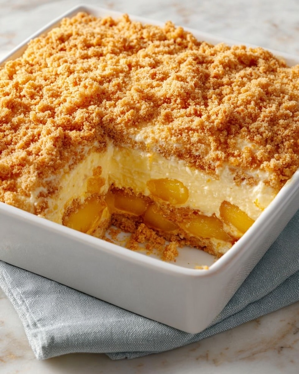 The dish is a layered dessert served in a white square baking dish. The top layer is a thick, crumbly golden brown crust with an uneven texture made of small crumbs. Below the crust is a creamy, pale yellow layer. Underneath that is a thin layer of soft, slightly darker yellow slices, likely fruit. The dessert has a missing portion on one side, showing all the layers clearly from the side. The dish sits on a folded light gray cloth on a white marbled surface. Photo taken with an iphone --ar 4:5 --v 7