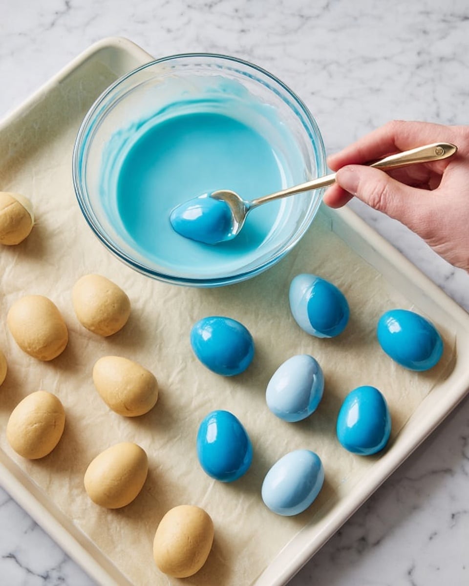 The image shows a white tray with pieces of dough shaped like small eggs, some plain light brown and some covered in smooth blue glaze. A woman's hand holds a spoon above a clear bowl filled with bright sky-blue liquid glaze, dipping one dough piece halfway into it. The scene is set against a white marbled surface, and there is a sheet of parchment paper on the tray holding the glazed and plain dough pieces. Photo taken with an iphone --ar 4:5 --v 7