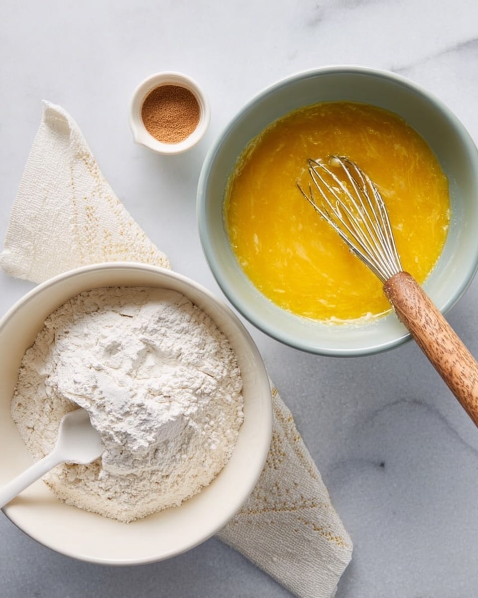 The image shows two white bowls placed on a white marbled surface, each containing different ingredients. The bowl on the right has one layer of yellow liquid with a slightly thick texture, with a metal whisk with a wooden handle resting in it. The bowl on the left contains one layer of white flour with light clumps and a small white spatula partially buried in it. Near the top center of the image is a small white container with a layer of fine brown powder. A white cloth with a subtle pattern is placed under the bowl on the right. Photo taken with an iphone --ar 4:5 --v 7