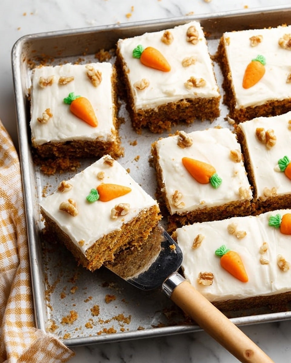 The image shows a metal baking tray filled with square pieces of carrot cake with a thick white cream layer on top. Each square has small orange carrot shapes made of icing and some small walnut pieces scattered on the creamy layer. The carrot cake beneath the cream is light brown with a moist and crumbly texture. One square piece is lifted by a metal spatula with a wooden handle. The tray is on a white marbled surface with a beige and white checkered cloth partially visible near it. photo taken with an iphone --ar 4:5 --v 7