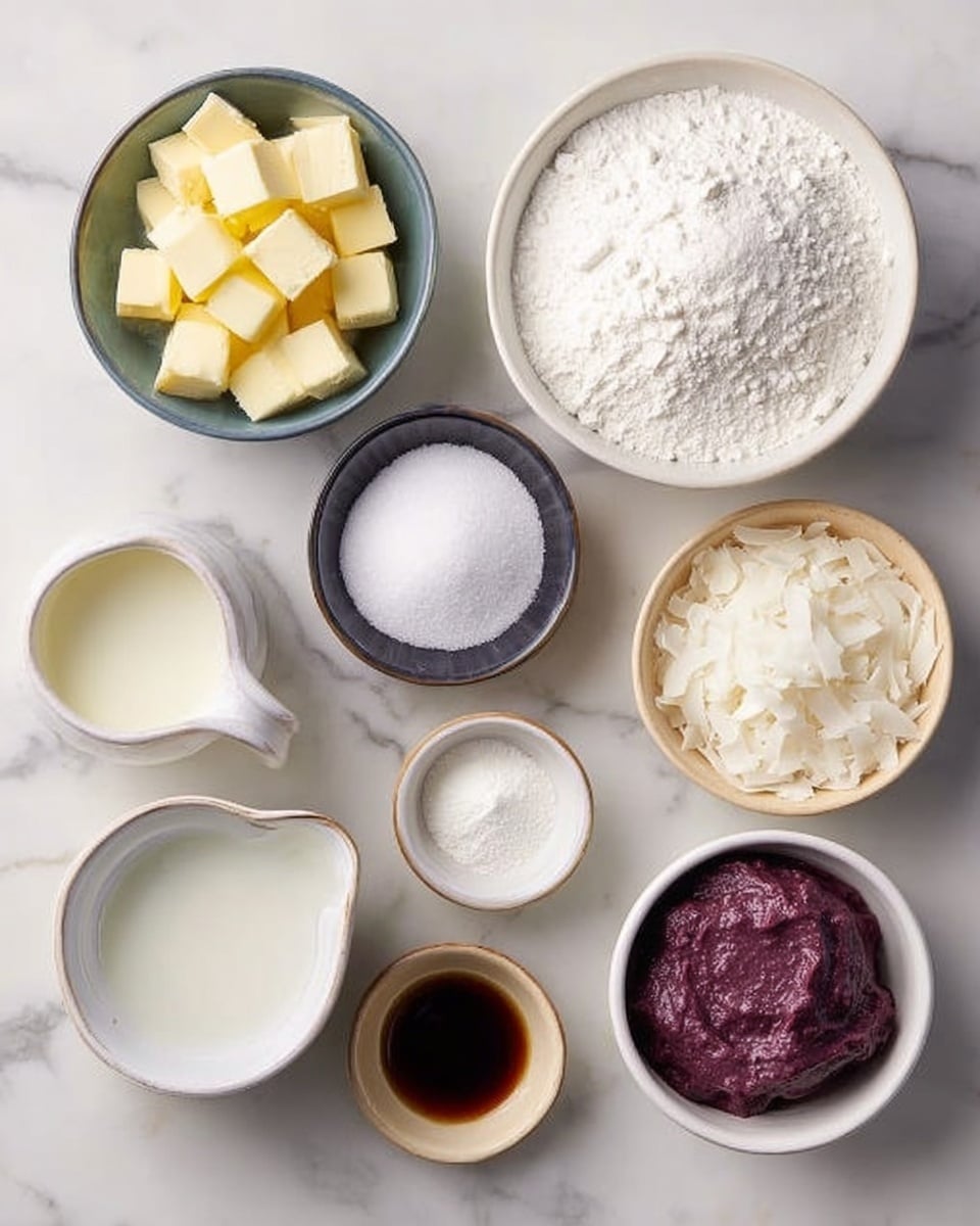 The image shows 10 bowls and a pitcher on a white marbled surface. The largest bowl at the top left is filled with small cubes of pale yellow butter. Next to it on the right is a large white bowl filled with granulated white sugar. Below the butter is a small dark bowl containing a white powder. Below the sugar is a pitcher with white cream. Below the dark bowl is a white bowl holding clear liquid egg whites. To the right of the egg whites is a medium white bowl filled with white powdered sugar. Above this bowl is a small beige bowl containing a thick purple paste. To the right of the purple paste is a small white bowl filled with translucent white coconut flakes. Below the coconut flakes is a tiny white bowl holding dark brown liquid vanilla extract. Finally, below the bowl of powdered sugar is a small dark bowl with white salt. photo taken with an iphone --ar 4:5 --v 7