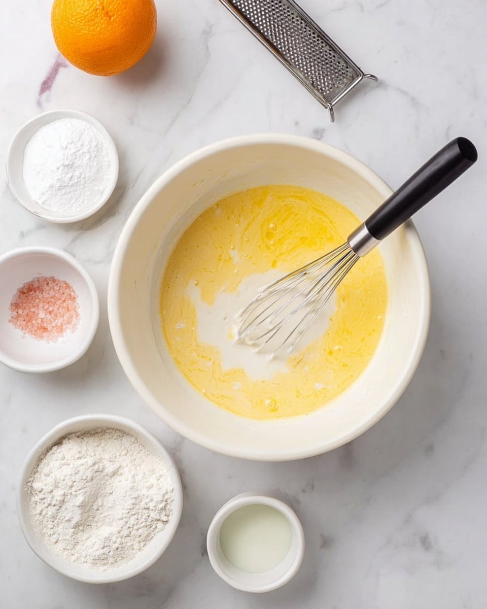 A white bowl in the center holds a mixture of yellow batter and white liquid being whisked by a whisk with a black handle. Around the bowl are several small white bowls containing white flour, white powder, and pink salt. An orange sits at the top left near a metal grater. All items are arranged on a white marbled surface, giving a clean and bright kitchen look photo taken with an iphone --ar 4:5 --v 7