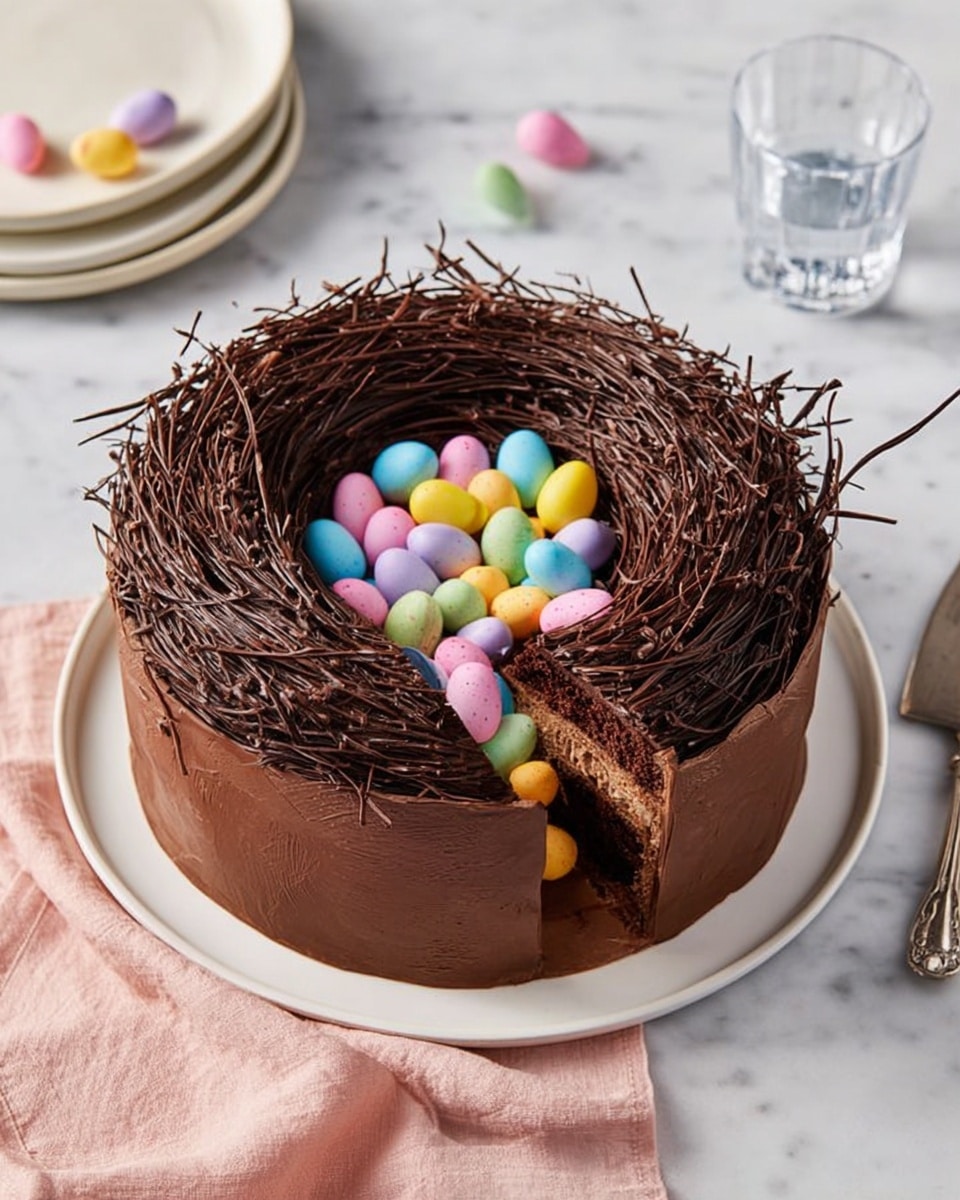 The image shows a round chocolate cake with three main layers: the outer layer is a smooth, dark chocolate shell wrapped around the sides, the top layer is decorated with thin, wispy dark chocolate pieces arranged like a nest, and inside the nest there are small, colorful candy eggs in pastel pink, blue, yellow, green, and purple shades. The cake is on a white plate sitting on a white marbled surface. Nearby, there is a clear glass of water, a silver cake server, and a white plate on a pale pink cloth. photo taken with an iphone --ar 4:5 --v 7